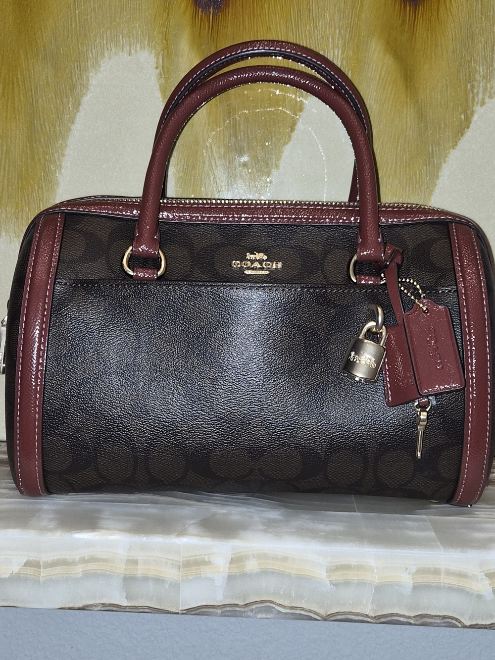 COACH Signature Leather Satchel in Brown with Burgundy Trim
